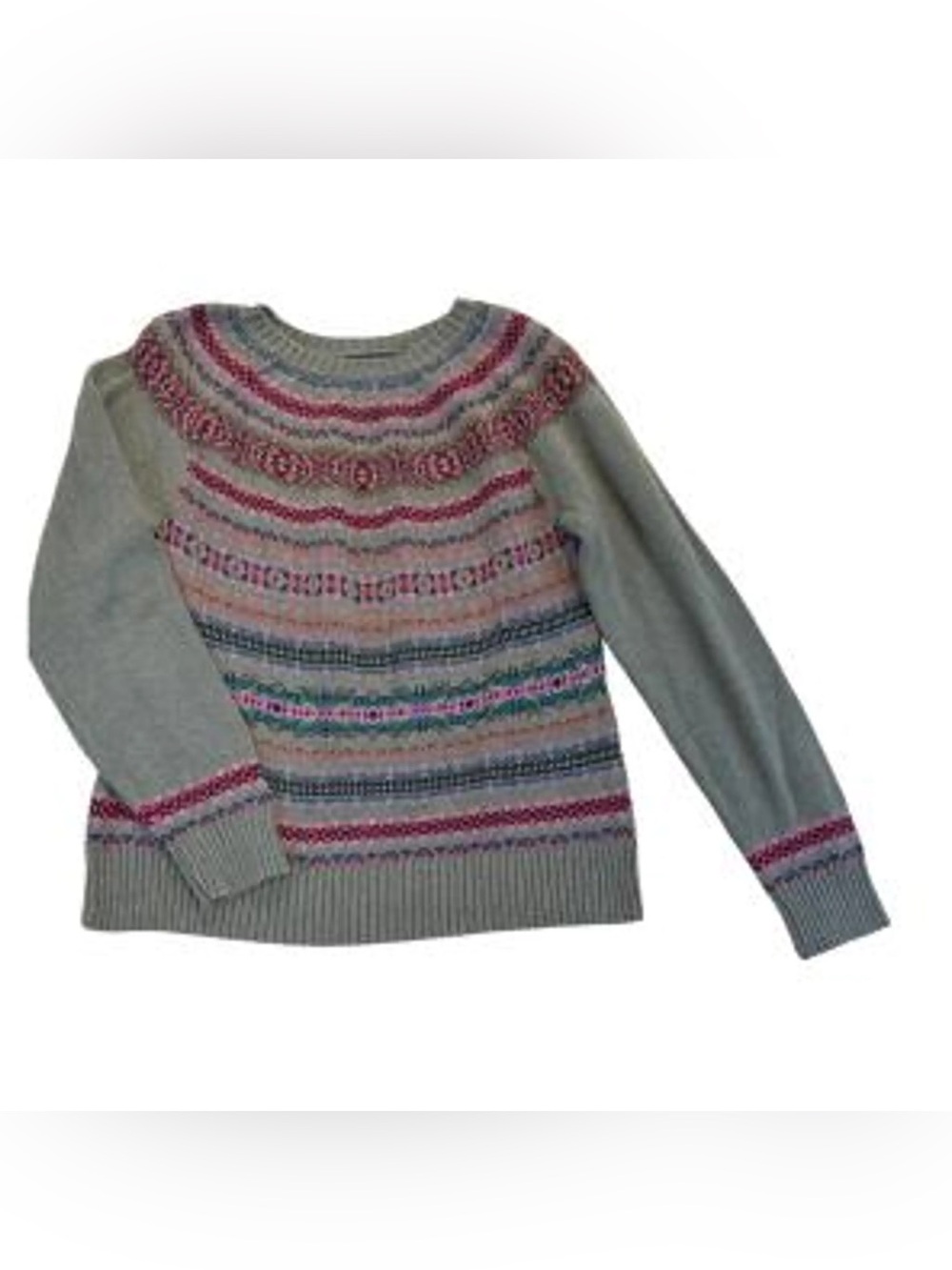 Chaps Gray Crewneck Sweater with Multicolor Fair Isle Yoke